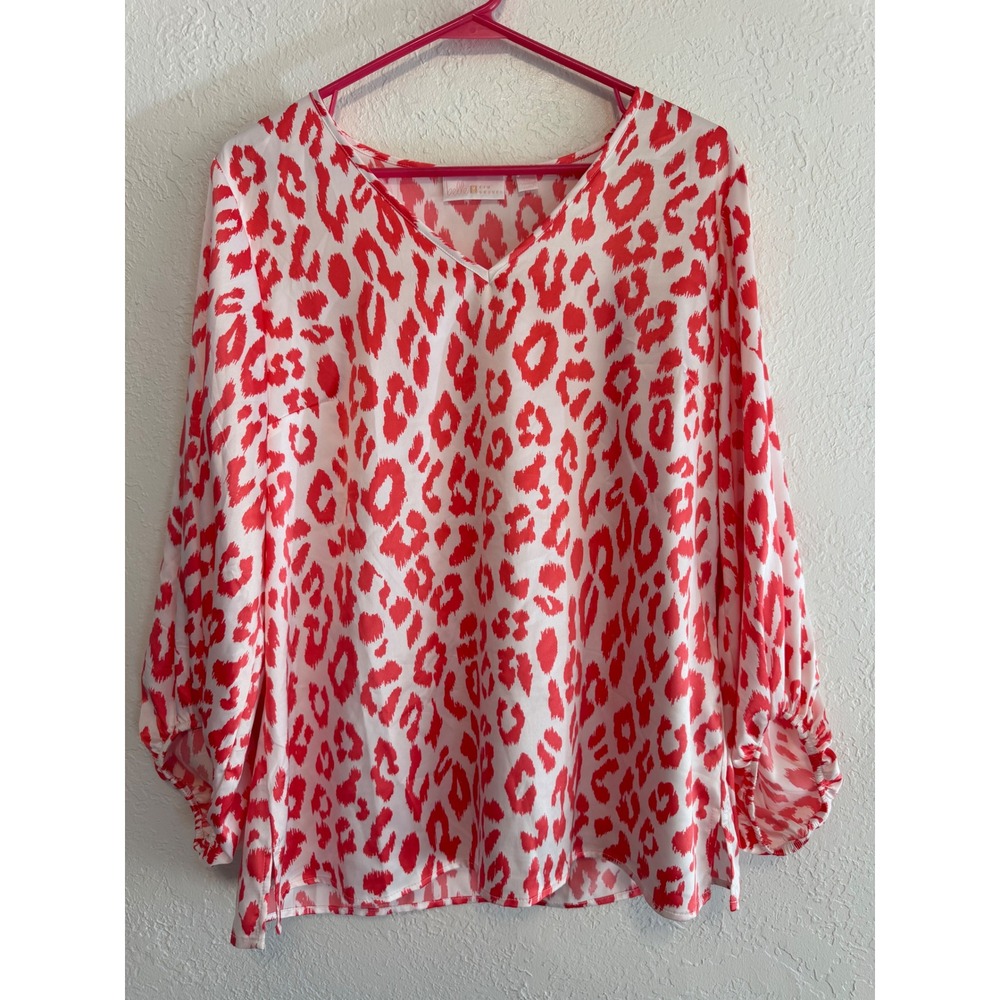 Belle by Kim Gravel Red White Leopard Print V-Neck Bishop Sleeve Blouse Medium